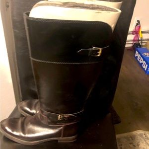 Enzo Angiolini Womens Brown Black Leather Block Heel Knee High Zip Boots Size 8M